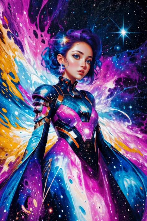 masterpiece, best quality, ultra high res, (abstract art:1.3), 1girl, cosmic dress, cosmic beauty, in space, nebula