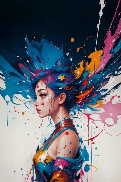 masterpiece, best quality, ultra high res, 1girl, (abstract art:1.4), bleeding color, visually stunning, beautiful, evocative, emotional, side view