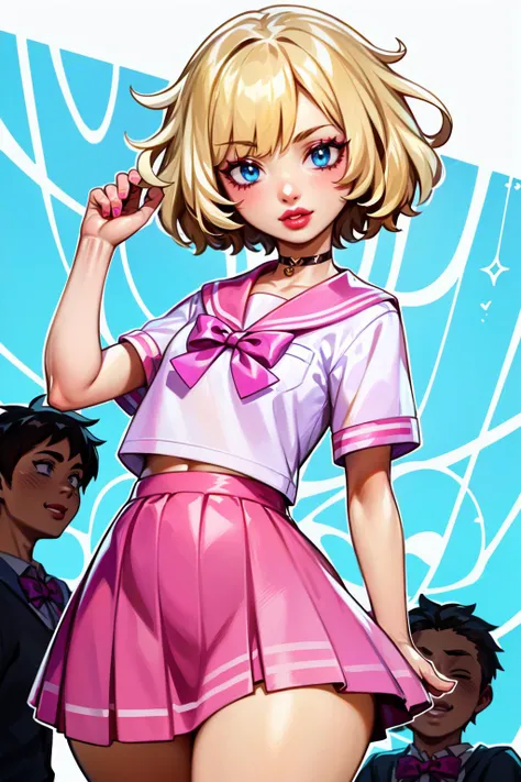 SLE, mksks style, best quality, masterpiece, detailed background, highly detailed, intricate, detailed face, long eyelashes, detailed eyes, (standing), (thick_thighs, wide_hips, narrow_waist:1.3), (flat_chest:1.4),

(otoko no ko:1.3), (1girl, 1boy), (solo:1.3), (blonde hair:1.2), (short hair:1.2), (messy_hair, asymmetrical_hair:1.2), (parted_bangs:1.2), (light blue eyes:1.3), (pink_choker:1.2), (pink lips, thick lips:1.3), (pink eyeshadow, pink makeup:1.2),

(school uniform, white collared shirt, pink skirt, shirt_tucked_in, pink_bowtie, pink_sailor_collar:1.3),

(light smile:1.1), <lora:GoodHands-vanilla:1> <lora:CyanCapsule-LoCon-V1:1>
