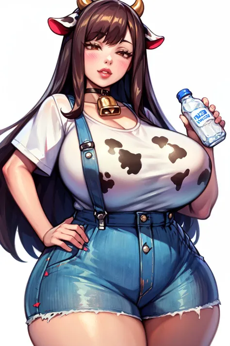 SLE, mksks style, best quality, masterpiece, detailed background, highly detailed, intricate, detailed face, long eyelashes, detailed eyes, (standing), (holding, milk_bottle:1.3), (thick_thighs, wide_hips, narrow_waist:1.3), (gigantic_breasts:1.3), (white_background, simple_background:1.3),
(one girl, 1girl), (solo:1.3), (brown hair:1.2), (straight_hair:1.2), (brown eyes:1.3), (choker, neck_bell:1.2), (thick lips:1.3), (cow_horns, cow_ears:1.1),
(white shirt, oversized shirt, loose shirt:1.1), (high-waist denim shorts:1.2), (suspenders:1.2), (cow_print, cow print shirt, cow print clothes:1.4),
(light smile:1.1), (half-closed_eyes:1.2), <lora:GoodHands-vanilla:1> <lora:CyanCapsule-LoCon-V2:1> <lora:loli:-1>