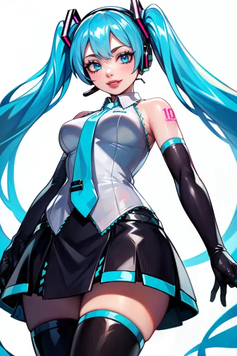 best quality, masterpiece, detailed background, highly detailed, intricate, detailed face, long eyelashes, detailed eyes, (standing, from below:1.2), (thick thighs:1.0), (medium breasts:1.0), (white background:1.3),
(one girl, 1girl:1.1), (solo:1.3), (hatsune miku:1.3), (light blue eyes:1.3), (light blue hair:1.2), (twintails:1.1), (thick lips:1.3), (pale skin:1.0), (eyeshadow:1.3),
(white shirt, blue tie, black gloves, elbow gloves, black thigh boots, shoulder tattoo, black skirt, headset:1.3),
(light smile:1.3), <lora:GoodHands-vanilla:1> <lora:CyanCapsule-LoCon-V1:1>