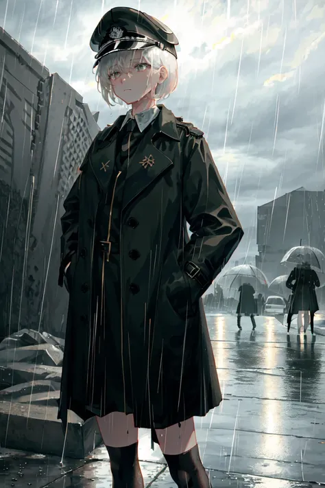 ((masterpiece, best quality)), (1girl), (solo), (female focus), (white hair, short hair, undercut), black eyes, blank stare, (black peaked cap), black military uniform, (black trench coat, long trench coat), wet clothes, (hands in pockets), (heavy rain, rainy, cloudy sky), standing,