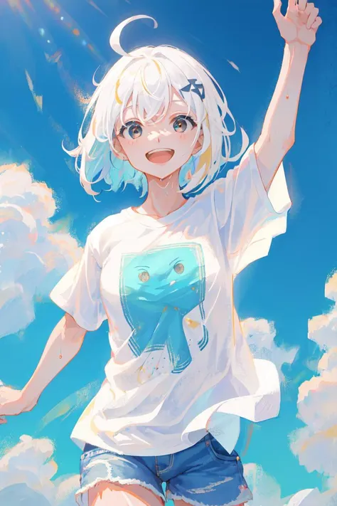 ((masterpiece, best quality)), (1girl), (solo), (female focus), (ahoge, white hair, short hair, undercut), black eyes, excited, open mouth, ((white shirt), (t-shirt)), (jean shorts), forest, blue sky, running, wet shirt,