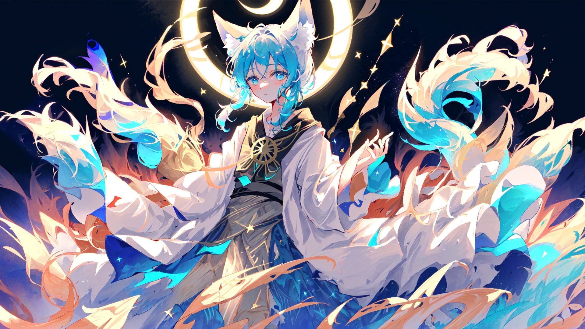 ((onee-shota)),((((only two hands:1.3,Detailed and beautiful good hands:1.3,Only five fingers in hand:1.5)))),((((Good body structure)))),masterpiece, best quality, (isometric figure:1.05),SSR game art of a shota wearing magic robe and standing on (minimum Base:1.1576),Loose shorts, (surronded lot of magic effects:1.1576), vignette theme,((detailed multicolored sun and moon Surrounded background)),(1 little shota Gradient blue short hair and Blue eyes and Little Crown:1.05),((only two fox ears)),(((nine fox tails:1.3))),((solo:1.4)),(neon palette),(striped_Surrounded)(((striped fill the screen))),((Fill the screen))(Many magic formations:1.3)),full body,(()),(halo),(magic_circle:1.3),((beside a clear ball of stars:1.3)),(((star fill the screen))),(striped_Surrounded),(onee-shota:1.7),(floating magic book),