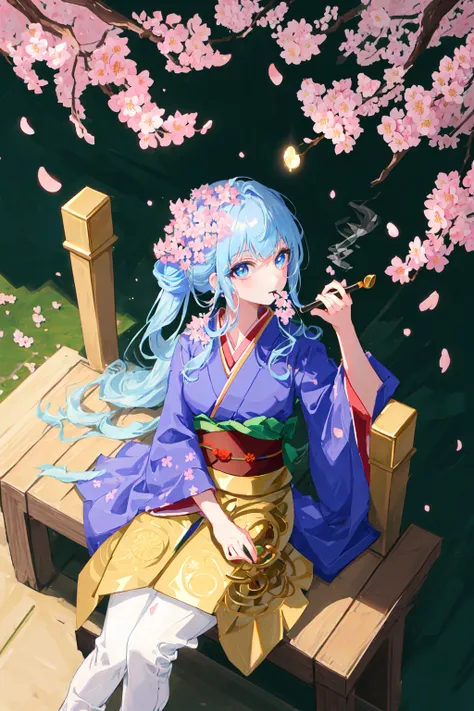 1girl, masterpiece, best quality, extremly detailed, Cinematic lighting, intricate detail, highres, official art, finely detailed beautiful face and eyes, high resolution illustration, 8k, dark intense shadows, overexposure,blue kimono, long white hair, half updo, black latex bodysuit, pink lips, blue eyes, smoking pipe, smoking, golden hair ornaments, seiza, upper body, large breasts, ((cherry blossoms)), red roses, glowing plants, looking at viewer, sitting on ground, from above, sunshine, green leaf