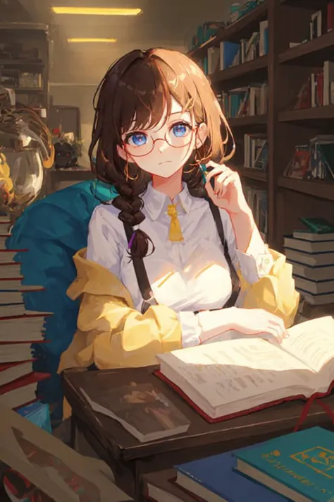 1girl, masterpiece, best quality, extremly detailed, Cinematic lighting, intricate detail, highres, official art, finely detailed beautiful face and eyes, high resolution illustration, 8k, dark intense shadows, overexposure, [blonde hair/brown hair], single braid, blue eyes, glasses, smug, sitting on chair, upper body, large breasts, white shirts, yellow suspenders, book_stack, library, vine, rose, looking at the viewer