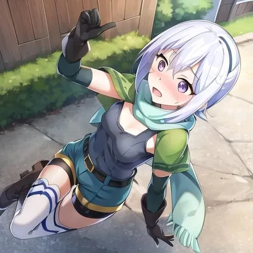 ((masterpiece,best quality, detailed)), outdoors, wariza, from above, blush, embarassed, 1girl, solo, chris \(konosuba\), blue shorts, black gloves, scarf, belt, boots, white thighhighs, bike shorts under shorts, capelet, bandeau, scar on cheek, <lora:ChrisV9-000009:0.8>, single strap