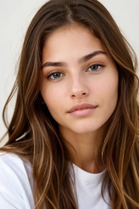 a close-up headshot photo of a young woman, thylane, long brown hair, wearing a shirt , <lora:thylane-000030:0.4>, hazel eyes