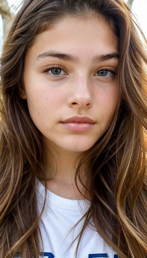 a close-up headshot photo of a girl, thylane, long brown hair, wearing a shirt , <lora:thylane-000030:0.4>, hazel eyes