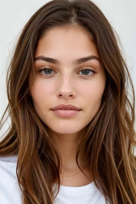 a close-up headshot photo of a young woman, thylane, long brown hair, wearing a shirt , <lora:thylane-000030:0.4>