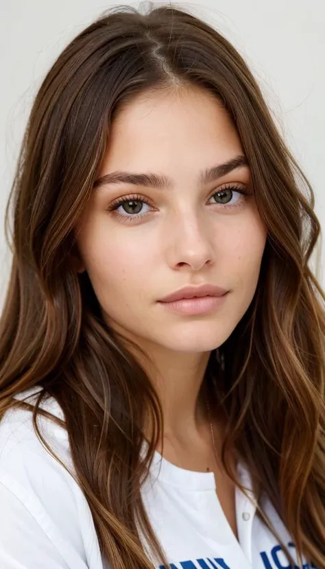a close-up headshot photo of a young woman, thylane, long brown hair, wearing a shirt , <lora:thylane-000030:0.4>, hazel eyes