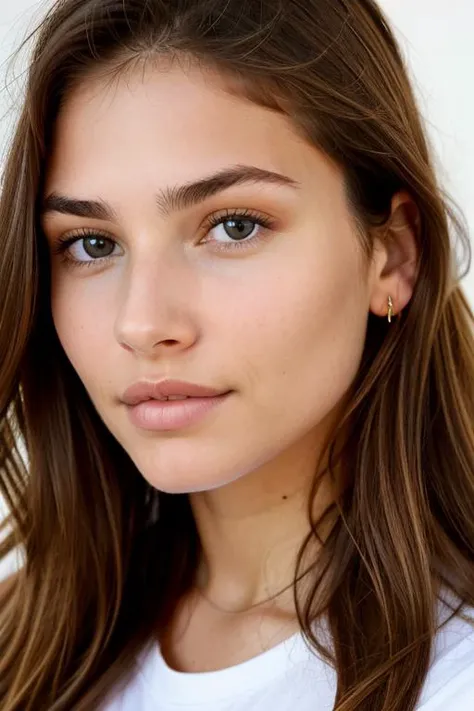 a close-up headshot photo of a young woman, thylane, long brown hair, wearing a shirt , <lora:thylane-000030:0.4>, hazel eyes