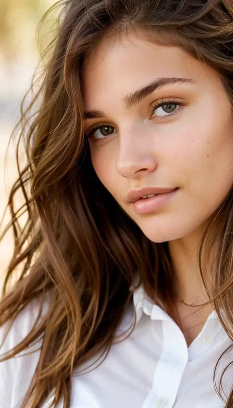 a close-up headshot photo of a young woman, thylane, long brown hair, wearing a shirt , <lora:thylane-000030:0.4>, hazel eyes
