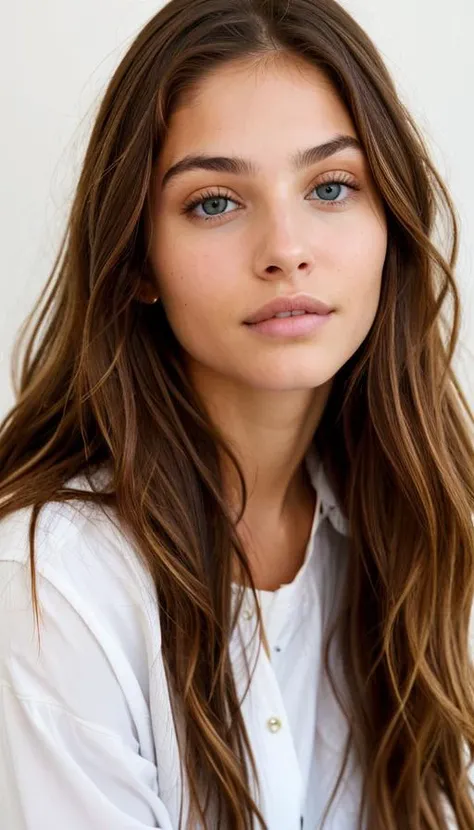 a close-up headshot photo of a young woman, thylane, long brown hair, wearing a shirt , <lora:thylane-000030:0.4>, hazel eyes
