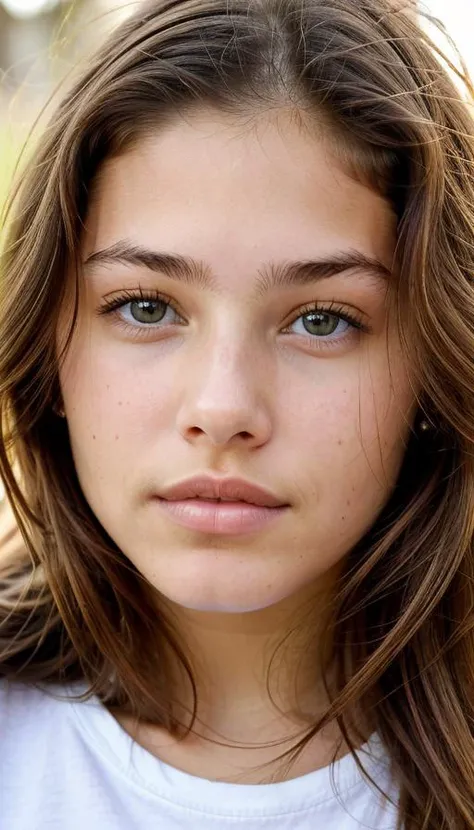 a close-up headshot photo of a teen girl, thylane, long brown hair, wearing a shirt , <lora:thylane-000030:0.5>, hazel eyes