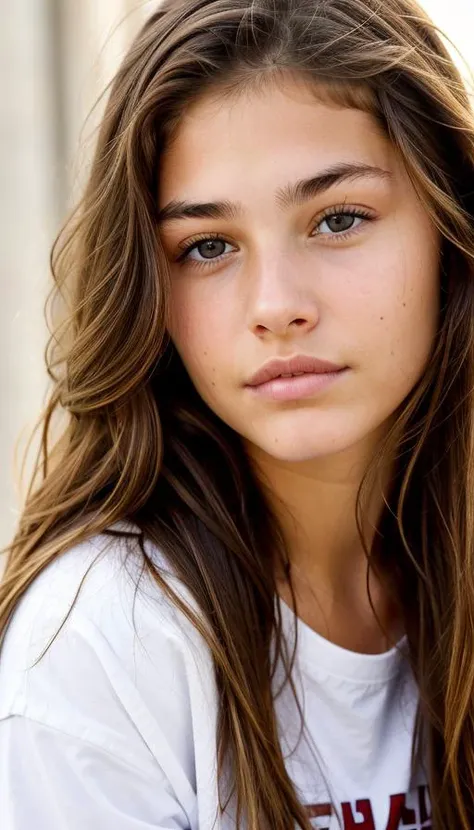 a close-up headshot photo of a girl, thylane, long brown hair, wearing a shirt , <lora:thylane-000030:0.4>, hazel eyes