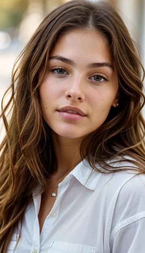 a close-up headshot photo of a young woman, thylane, long brown hair, wearing a shirt , <lora:thylane-000030:0.4>, hazel eyes