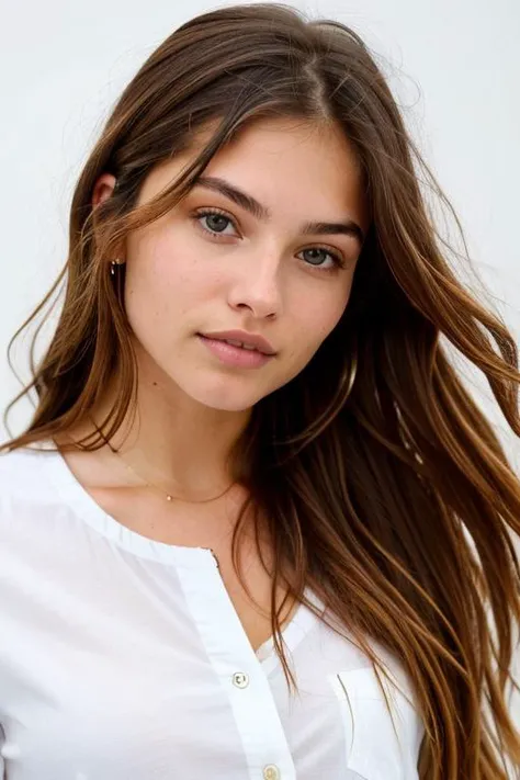 a close-up headshot photo of a young woman, thylane, long brown hair, wearing a shirt , <lora:thylane-000030:0.4>