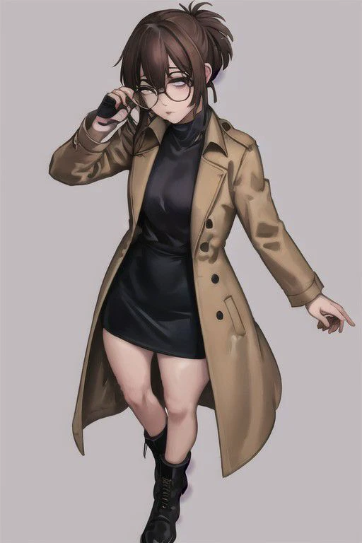<lora:KelvinHiu-style_59894:1>, ZaUm, texture, calligraphy brush, gradient shading, dark,
1girl,smoking,<lora:Uguiso Anko:0.6>, uguisu_anko, brown hair, folded ponytail, black eyes, turtleneck sweater, black sweater, trench coat, brown coat, open coat, black skirt, pencil skirt, medium skirt, ankle boots, brown footwear, indoors, full body, (best quality, high quality, high resolution), ultra-detailed, highly detailed face features, absurdres, quality illustration, round_eyewear, on back
