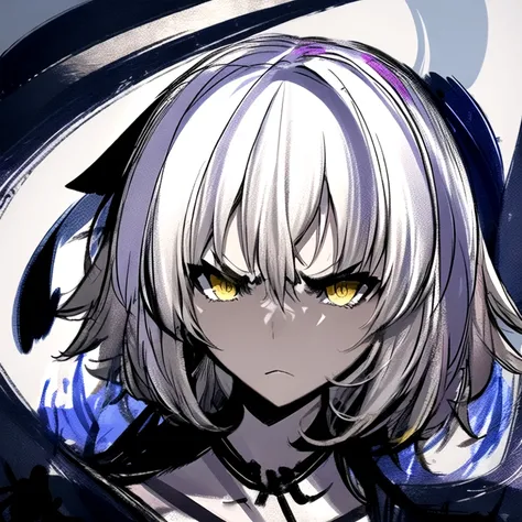 <lora:dark_knight:1.2>, dark, 1girl, face, looking at viewer, chaotic, greyscale, fercious, calligraphy brush, yellow eyes, knight, jeanne d'arc alter \(fate\), tilt head, serious face, ribbon,