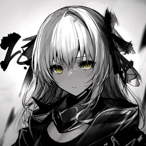 <lora:dark_knight:1.2>, dark, 1girl, face, looking at viewer, chaotic, greyscale, fercious, calligraphy brush, yellow eyes, knight,