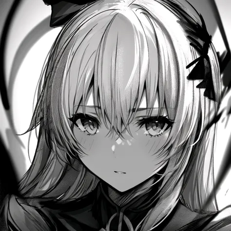 <lora:dark_knight-000003:1>, dark, 1girl, face, looking at viewer, chaotic, greyscale