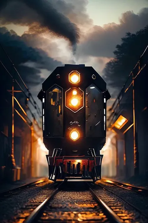 Create a masterwork legendary detail, armored train, in the smoke, calligraphy brush, high quality, dark, intricate, insanely, landscape scenery, Breathtaking fusion, Multilayer techs, splash style, graphic interface, sharpened focus, filigree, artfully arranged,