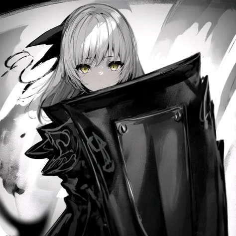<lora:dark_knight:1>, dark, 1girl, face, looking at viewer, chaotic, greyscale, fercious, calligraphy brush, yellow eyes, knight, shield,