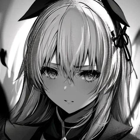 <lora:dark_knight-000004:1>, dark, 1girl, face, looking at viewer, chaotic, greyscale