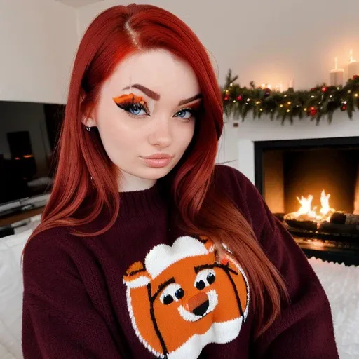 <lora:proxyfoxlol_sd15_512_128_64_v1:1>proxyfoxlol, 1girl red hair, wearing christmas sweater, christmas decoration in background, lit fireplace in background