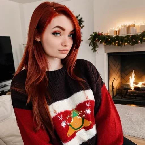 <lora:proxyfoxlol_sd15_512_128_64_v1:1>proxyfoxlol, 1girl red hair, wearing christmas sweater, christmas decoration in background, lit fireplace in background