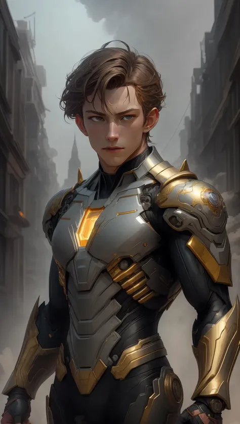 (8k portrait of handsome male cyborg with short hair:1.1), ((muscle boy)), intricate, elegant, highly detailed, majestic, digital photography, art by artgerm and ruan jia and greg rutkowski surreal painting (gold filigree),  (masterpiece), sidelighting, (finely detailed beautiful brown_eyes:0.8), hdr, (colorful and vibrant:1.2), mystical colors,  midriff peek, 
portrait of handsome mature man (tom holland) <lora:tomHolland_v20:1>, (8k, RAW photo, best quality, masterpiece:1.2), (realistic, photo-realistic:1.37), ultra-detailed, (high detailed skin:1.2), 8k uhd, dslr, soft lighting, high quality, film grain, Fujifilm XT3, professional lighting, photon mapping, radiosity, physically-based rendering photo, perfect face, handsome, concept art, detailed face and body, award-winning photography, detailed face, backlight, ultrarealistic, ray tracing, intense gaze, looking at viewer, cinematic lighting, embers, fantasy, action pose, mist, fog, RAW photo, 8k uhd, film grain, 1boy, mature_male, bright brown eyes,
  <lora:add_detail:0.4> <lora:detailed_eye:0.4>   <lora:JamesDoane:0.4>   <lora:OC illustration:0.4>  <lora:t3xtn:0.3>sci-fi wasteland style background, abstract background, Mech inlaid with (brilliant gems:1.3),  <lora:mecha(mjstyle):0.4> <lora:zhubao:0.4>