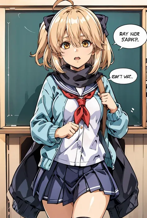 (masterpiece, best quality), 1girl, <lora:OkitaSchoolgirl:0.8> OkitaSchoolgirl, 1girl, solo, skirt, blonde hair, white shirt, long sleeves, hair between eyes, brown eyes, school uniform, ahoge, hair bow, pleated skirt, open clothes, serafuku, blue sailor collar, black scarf, blue skirt, red neckerchief, black bow, blue cardigan, open cardigan,