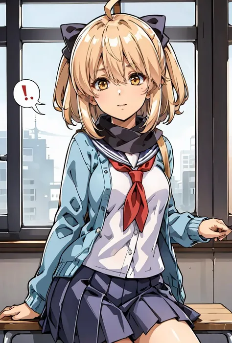(masterpiece, best quality), 1girl,  <lora:OkitaSchoolgirl:0.8> OkitaSchoolgirl, 1girl, solo, skirt, blonde hair, white shirt, long sleeves, hair between eyes, brown eyes, school uniform, ahoge, hair bow, pleated skirt, open clothes, serafuku, blue sailor collar, black scarf, blue skirt, red neckerchief, black bow, blue cardigan, open cardigan,