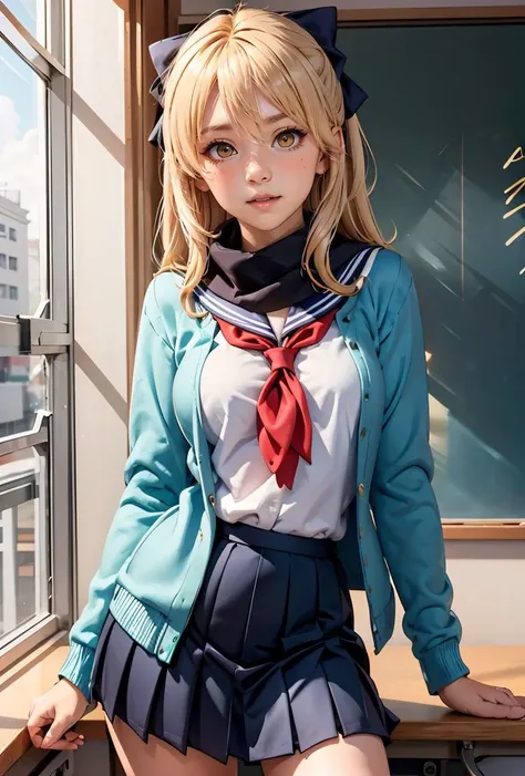 (masterpiece, best quality), 1girl, <lora:OkitaSchoolgirl:0.8> OkitaSchoolgirl, 1girl, solo, skirt, blonde hair, white shirt, long sleeves, hair between eyes, brown eyes, school uniform, ahoge, hair bow, pleated skirt, open clothes, serafuku, blue sailor collar, black scarf, blue skirt, red neckerchief, black bow, blue cardigan, open cardigan,