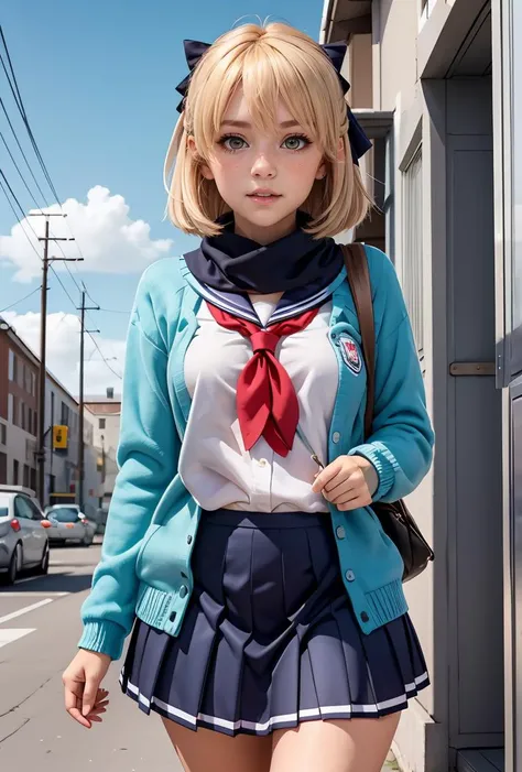(masterpiece, best quality), 1girl, <lora:OkitaSchoolgirl:0.8> OkitaSchoolgirl, 1girl, solo, skirt, blonde hair, white shirt, long sleeves, hair between eyes, brown eyes, school uniform, ahoge, hair bow, pleated skirt, open clothes, serafuku, blue sailor collar, black scarf, blue skirt, red neckerchief, black bow, blue cardigan, open cardigan,