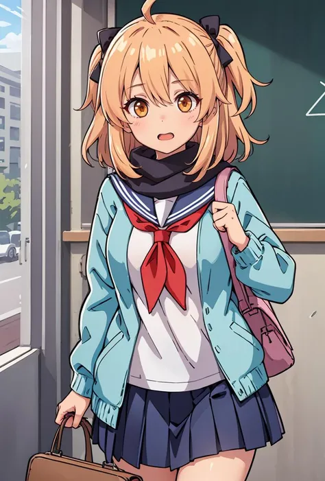 (masterpiece, best quality), 1girl, <lora:OkitaSchoolgirl:0.8> OkitaSchoolgirl, 1girl, solo, skirt, blonde hair, white shirt, long sleeves, hair between eyes, brown eyes, school uniform, ahoge, hair bow, pleated skirt, open clothes, serafuku, blue sailor collar, black scarf, blue skirt, red neckerchief, black bow, blue cardigan, open cardigan,