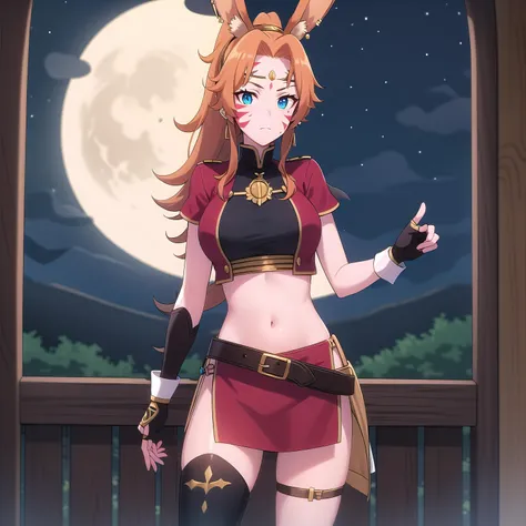best quality, (masterpiece:1.2), highly detailed, 1girl, solo,
medival, (night:1.4), moon,
<lora:chara_GATEJietai_Delilah_v1:0.8>, delilah, standing, closed mouth, looking at viewer,
orange hair, long hair, ponytail, rabbit ears, blue eyes, black chestplate,
navel, fingerless gloves, midriff, facial mark, earrings, facepaint, viera, pelvic curtain, red headband, belt