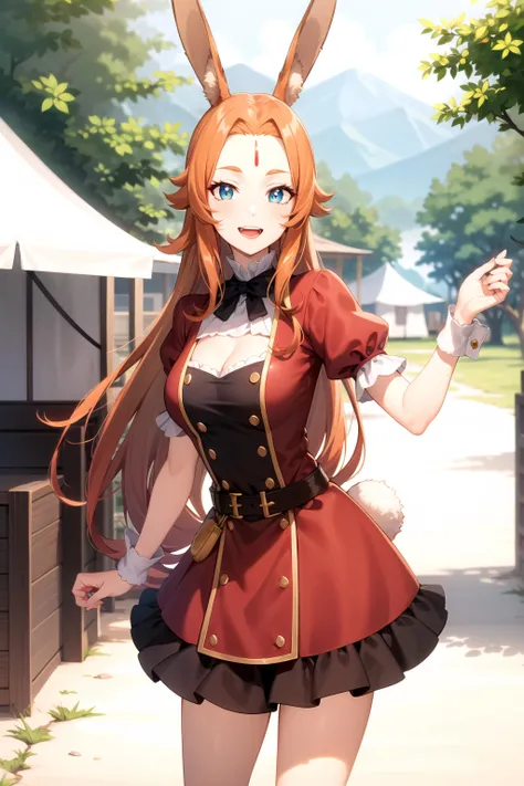 best quality, masterpiece, detailed, fantasy,
<lora:chara_GATEJietai_Delilah_v1:0.8>, delilah,
open mouth, blue lipstick, light smile,
orange hair, forehead, long hair, rabbit ears, blue eyes, rabbit tail,
red dress, puffy sleeves, short sleeves, cleavage,
standing, looking at the viewer,
day, outdoors, military camp