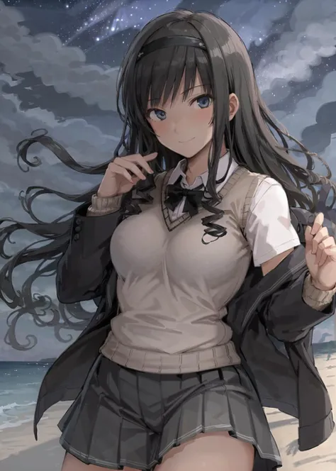 (masterpiece, best quality,extreme detailed beautiful eyes), best illumination, perfect lighting, (1 girl, solo,night, beach, starry_sky:1.3) , <lora:morishima_haruka_lycoris:0.65>,morishimaharuka,morishima_haruka,
(upper body,dynamic angle,dynamic pose,smile,shiny_eyes:1.2),
(long_hair,hairband,large_breasts,collarbone:1.2),kibito_high_school_uniform,skirt,pleated_skirt,black_jacket,shirt,jacket,school_uniform,white_shirt,sweater_vest