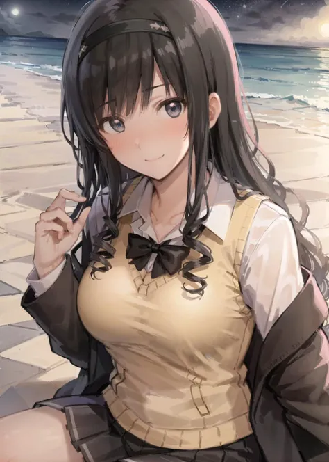 (masterpiece, best quality,extreme detailed beautiful eyes), best illumination, perfect lighting, (1 girl, solo,night, beach, starry_sky,ocean:1.3) , <lora:morishima_haruka_lycoris:0.5>,morishimaharuka,morishima_haruka,
(upper body,dynamic angle,dynamic pose,smile,shiny_eyes:1.2),(long_sleeves,black_jacket,jacket,school_uniform,kibito_high_school_uniform:1.5),
(long_hair,hairband, large_breasts,collarbone:1.2),black_bowtie, black_skirt,pleated_skirt,short_sleeves,shirt,collared_shirt, white_shirt,yellow_sweater_vest