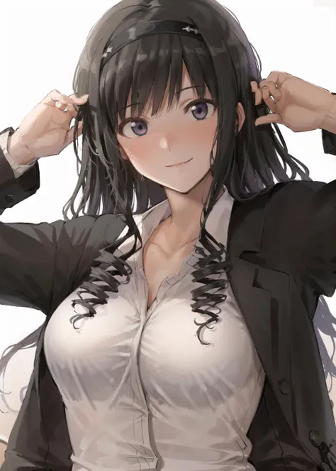 (masterpiece, best quality,extreme detailed beautiful eyes), best illumination, perfect lighting, (1 girl, solo,day, classroom:1.3) , <lora:morishima_haruka_lycoris:0.6>,morishimaharuka,morishima_haruka,
(upper body,dynamic angle,dynamic pose,smile,shiny_eyes:1.2),(long_sleeves,black_jacket,jacket,school_uniform,kibito_high_school_uniform:1.5),
(long_hair,hairband, large_breasts,collarbone:1.2),pleated_skirt,white_shirt,[yellow_sweater_vest],blazer