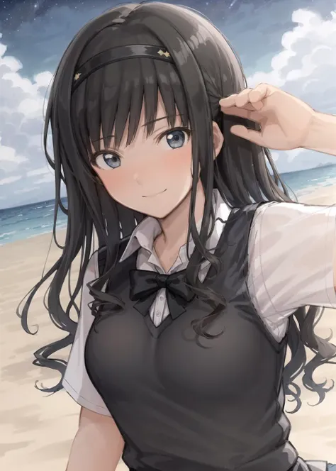 (masterpiece, best quality,extreme detailed beautiful eyes), best illumination, perfect lighting, (1 girl, solo,night, beach, starry_sky,ocean:1.3) , <lora:morishima_haruka_lycoris:0.5>,morishimaharuka,morishima_haruka,
(upper body,dynamic angle,dynamic pose,smile,shiny_eyes:1.2),
(long_hair,hairband, large_breasts,collarbone:1.2),black_bowtie, black_skirt,pleated_skirt,short_sleeves,shirt,(collared_shirt, white_shirt,yellow_sweater_vest:1.1)