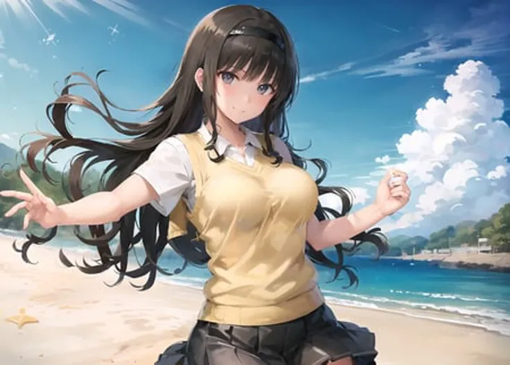 (masterpiece, best quality,extreme detailed beautiful eyes), best illumination, perfect lighting, (1 girl, solo,summer, day, beach:1.3) , <lora:haruka_lycoris_bf16:0.5>,morishimaharuka,morishima_haruka,
(full body,dynamic angle,dynamic pose,smile,shiny_eyes:1.2),
(long_hair,hairband, large_breasts,collarbone:1.2),black_bowtie,black_skirt,pleated_skirt,shirt,collared_shirt, white_shirt,(yellow_sweater_vest:1.3),short_sleeves,black_legwear, loafers