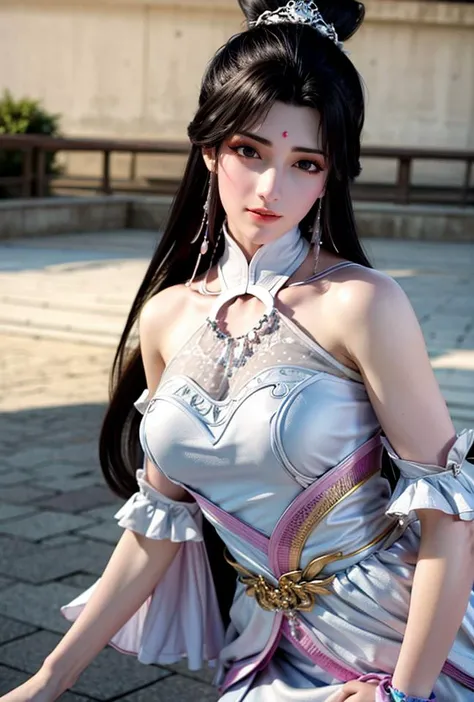 <lora:yuechan5:0.75:lbw=1,0,0,0,1,1,0,0,1,1,1,1,1,1,1,1,1>(yuechan),(highres:1.8),
(yuechan, 1girl, dress, black hair, solo, moon, bare shoulders, long hair, chinese traditional style, bug, hair bun, butterfly, white dress, hair ornament, water),(forehead mark),
(8k,4k),ultrares,(highres:1.6),(masterpiece, top quality, best quality),extreme detailed,(colorful:1.4),highest detailed,ultra-detailed,(highly detailed CG illustration),ultra-fine painting,(Vivid Colors:1.1):1.4, 1girl, solo, looking at viewer,(masterpiece), (best quality), (ultra detailed),(highres), absurdres, (ultra realistic 4k CG), delicate pattern, intricate detail,best illumination,best shadow,natural lighting, 1girl, solo,necklace,earings,jewelry, ((black hair:1.2)), solo, earrings, long hair, necklace,smile, floating hair, (Japanese style architectures:1.2 at the downside),outdoors, Area occupied by the girl is less than 1/2 of the total area, (floating in the sky),long legs,(large breasts),upper body,
(pov),
show legs,
<lora:more_details:0.5> <lora:epi_noiseoffset2:0.8>