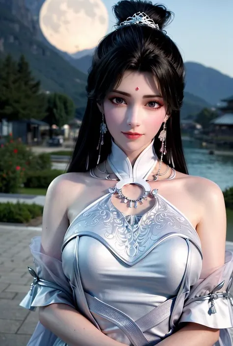 <lora:yuechan5:0.75:lbw=1,0,0,0,1,1,0,0,1,1,1,1,1,1,1,1,1>(yuechan),(highres:1.8),
(yuechan, 1girl, dress, black hair, solo, moon, bare shoulders, long hair, chinese traditional style, bug, hair bun, butterfly, white dress, hair ornament, water),(forehead mark),
(8k,4k),ultrares,(highres:1.6),(masterpiece, top quality, best quality),extreme detailed,(colorful:1.4),highest detailed,ultra-detailed,(highly detailed CG illustration),ultra-fine painting,(Vivid Colors:1.1):1.4, 1girl, solo, looking at viewer,(masterpiece), (best quality), (ultra detailed),(highres), absurdres, (ultra realistic 4k CG), delicate pattern, intricate detail,best illumination,best shadow,natural lighting, 1girl, solo,necklace,earings,jewelry, ((black hair:1.2)), solo, earrings, long hair, necklace,smile, floating hair, (Japanese style architectures:1.2 at the downside),outdoors, Area occupied by the girl is less than 1/2 of the total area, (floating in the sky),long legs,(large breasts),upper body,
(pov),
show legs,
<lora:more_details:0.5> <lora:epi_noiseoffset2:0.8>