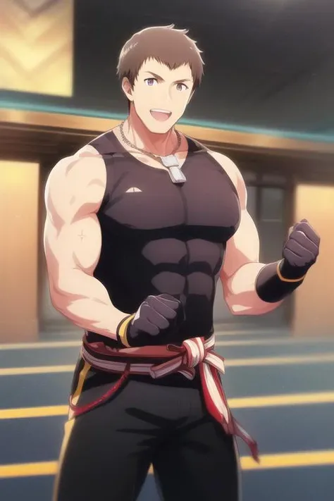 shingenseiji, idol master side m, (masterpiece:1.5), (best quality:1.5), (high quality:1.5), (solo:1.27), (muscular male:1.27), (bara:1.27), satisfaction, happy, pleasure, (dynamic angle:1.21),(dynamic hair:1.27),(detailed pupils:1.21),looking at viewer, (dynamic pose:1.15), (beautiful detailed hands:1.21), illustration, (cinematic light:1.15), ultra detailed, (disheveled hair:1.34), big bulge, (large pectorals:1.3), pectoral cleavage, sidepec, (abs:1.3), (thighs:1.3), (bulky:1.2), novel_illustration, anime_screencap,