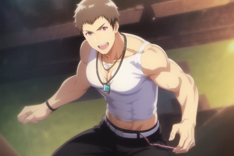 shingenseiji, idol master side m, (masterpiece:1.5), (best quality:1.5), (high quality:1.5), (solo:1.27), (muscular male:1.27), (bara:1.27), satisfaction, happy, pleasure, (dynamic angle:1.21),(dynamic hair:1.27),(detailed pupils:1.21),looking at viewer, (dynamic pose:1.15), (beautiful detailed hands:1.21), illustration, (cinematic light:1.15), ultra detailed, (disheveled hair:1.34), big bulge, (large pectorals:1.3), pectoral cleavage, sidepec, (abs:1.3), (thighs:1.3), (bulky:1.2), novel_illustration, anime_screencap, dogtag, open shirt