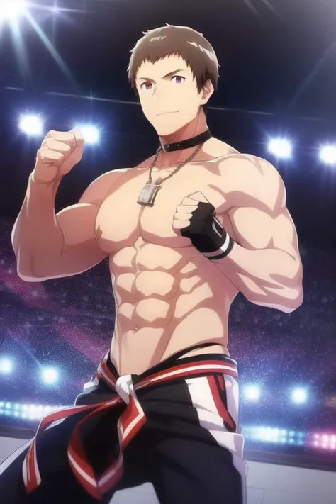 shingenseiji, idol master side m, (masterpiece:1.5), (best quality:1.5), (high quality:1.5), (solo:1.27), (muscular male:1.27), (bara:1.27), satisfaction, happy, pleasure, (dynamic angle:1.21),(dynamic hair:1.27),(detailed pupils:1.21),looking at viewer, (dynamic pose:1.15), (beautiful detailed hands:1.21), illustration, (cinematic light:1.15), ultra detailed, (disheveled hair:1.34), big bulge, (large pectorals:1.3), pe, sidepec, (abs:1.3), (thighs:1.3), (bulky:1.2), novel_illustration, anime_screencap,