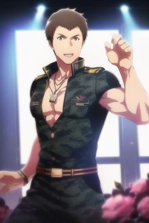 shingenseiji, idol master side m, (masterpiece:1.5), (best quality:1.5), (high quality:1.5), (solo:1.27), (muscular male:1.27), (dynamic angle:1.21),(dynamic hair:1.27),(detailed pupils:1.21),looking at viewer, (dynamic pose:1.15), (beautiful detailed hands:1.21), illustration, (cinematic light:1.15), ultra detailed, novel_illustration, anime_screencap, dogtag, military uniform